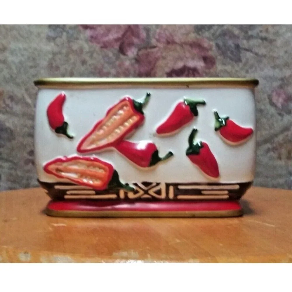 Vintage ceramic Napkin Holder red pepper red chillies embossed Unique Rare EUC